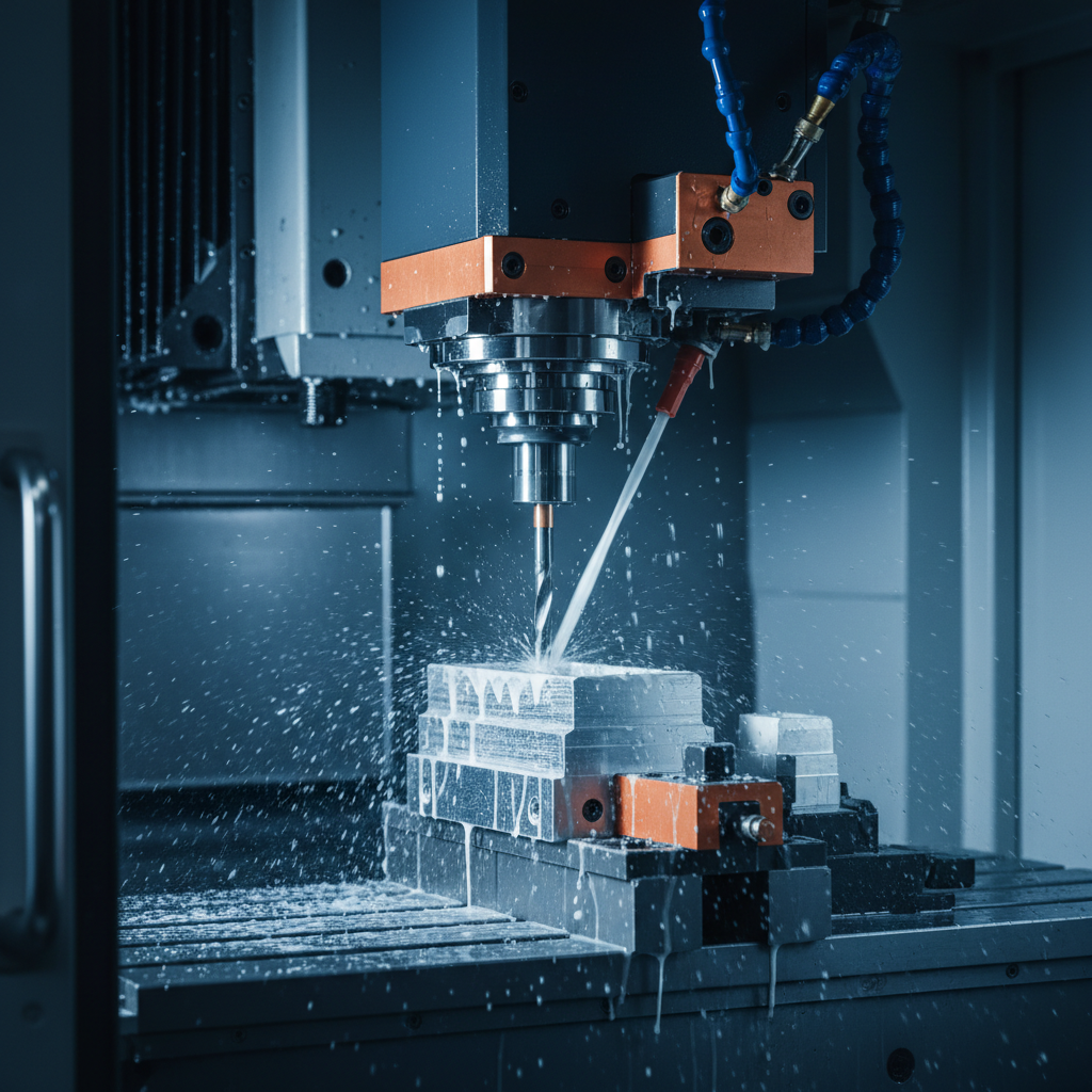 Interior of a CNC vertical machining center with the spindle over a fixtured part and coolant spray