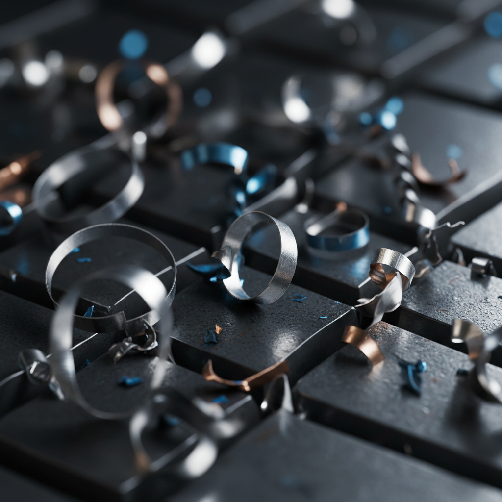 Curled steel and aluminum machining chips on a dark machined surface